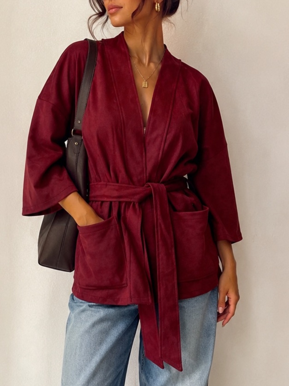 Classic Concepts Burgundy Faux Suede Belted Jacket Cardigan Medium
